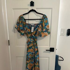 Floral Wedding Guest Dress - Blue, Orange, Fun Sleeves